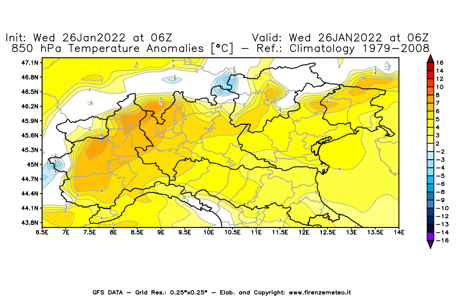 Mappa di analisi GFS - Anomalia Temperatura [°C] a 850 hPa in Nord-Italia
							del 26/01/2022 06 <!--googleoff: index-->UTC<!--googleon: index-->