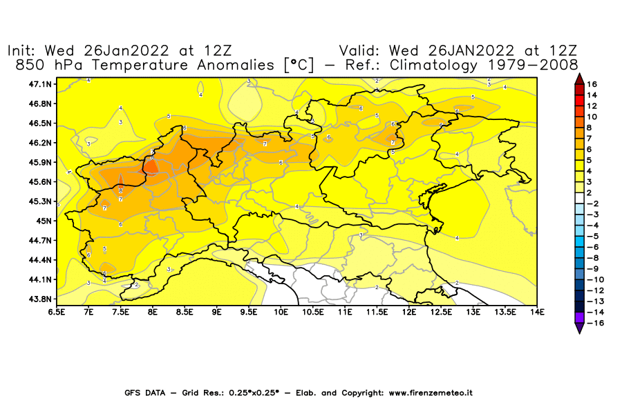 Mappa di analisi GFS - Anomalia Temperatura [°C] a 850 hPa in Nord-Italia
							del 26/01/2022 12 <!--googleoff: index-->UTC<!--googleon: index-->