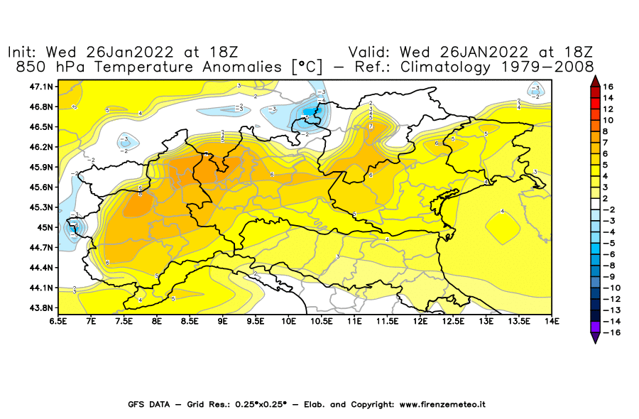 Mappa di analisi GFS - Anomalia Temperatura [°C] a 850 hPa in Nord-Italia
							del 26/01/2022 18 <!--googleoff: index-->UTC<!--googleon: index-->