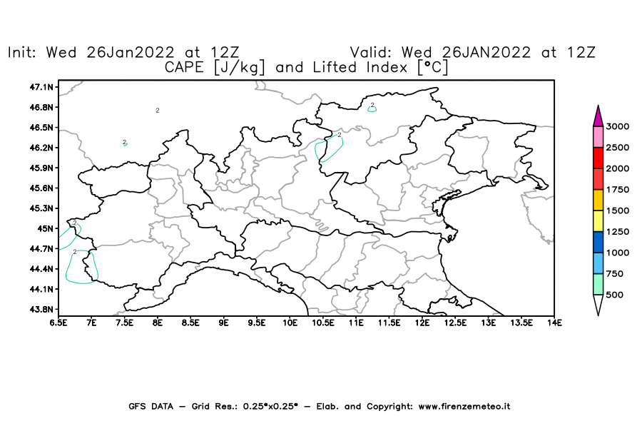 Mappa di analisi GFS - CAPE [J/kg] e Lifted Index [°C] in Nord-Italia
							del 26/01/2022 12 <!--googleoff: index-->UTC<!--googleon: index-->