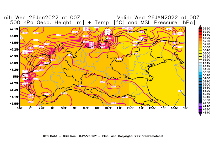 Mappa di analisi GFS - Geopotenziale [m] + Temp. [°C] a 500 hPa + Press. a livello del mare [hPa] in Nord-Italia
							del 26/01/2022 00 <!--googleoff: index-->UTC<!--googleon: index-->