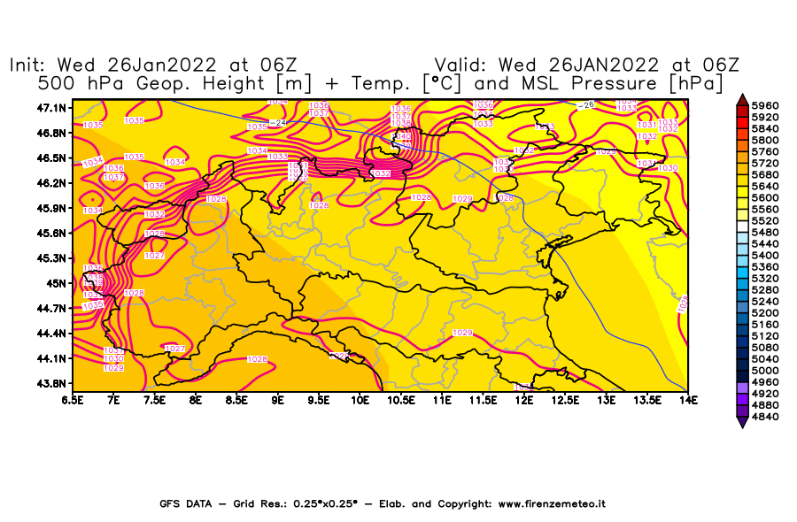 Mappa di analisi GFS - Geopotenziale [m] + Temp. [°C] a 500 hPa + Press. a livello del mare [hPa] in Nord-Italia
							del 26/01/2022 06 <!--googleoff: index-->UTC<!--googleon: index-->