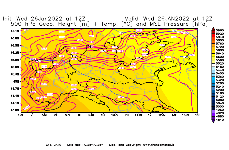 Mappa di analisi GFS - Geopotenziale [m] + Temp. [°C] a 500 hPa + Press. a livello del mare [hPa] in Nord-Italia
							del 26/01/2022 12 <!--googleoff: index-->UTC<!--googleon: index-->