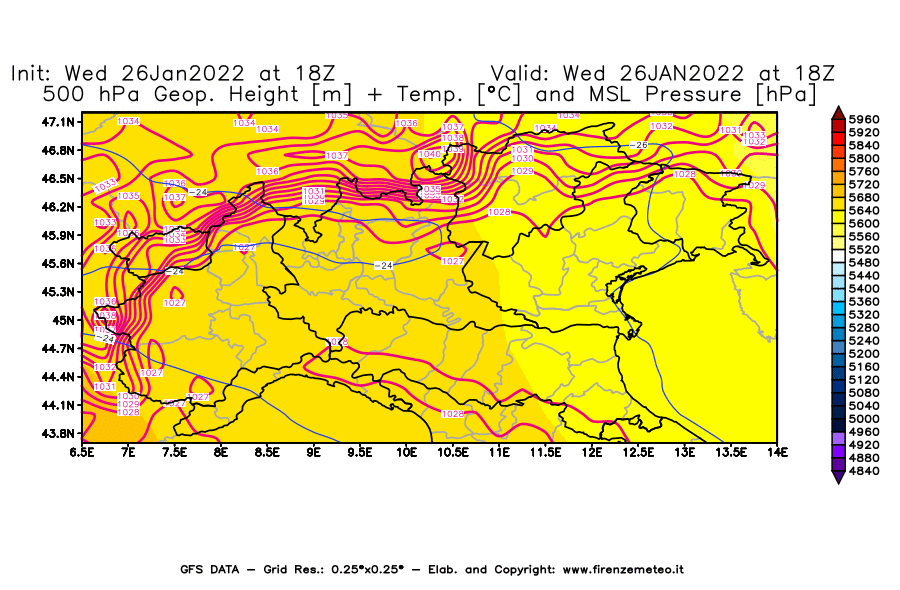 Mappa di analisi GFS - Geopotenziale [m] + Temp. [°C] a 500 hPa + Press. a livello del mare [hPa] in Nord-Italia
							del 26/01/2022 18 <!--googleoff: index-->UTC<!--googleon: index-->