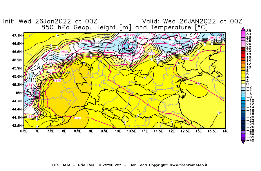 Mappa di analisi GFS - Geopotenziale [m] e Temperatura [°C] a 850 hPa in Nord-Italia
							del 26/01/2022 00 <!--googleoff: index-->UTC<!--googleon: index-->