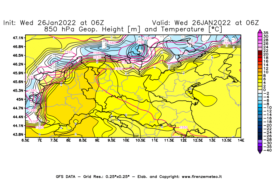 Mappa di analisi GFS - Geopotenziale [m] e Temperatura [°C] a 850 hPa in Nord-Italia
							del 26/01/2022 06 <!--googleoff: index-->UTC<!--googleon: index-->