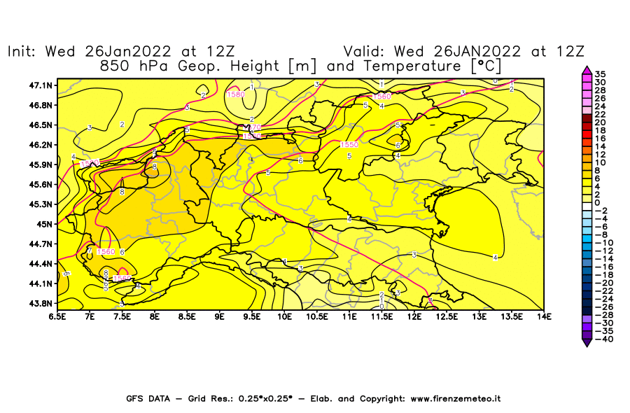 Mappa di analisi GFS - Geopotenziale [m] e Temperatura [°C] a 850 hPa in Nord-Italia
							del 26/01/2022 12 <!--googleoff: index-->UTC<!--googleon: index-->