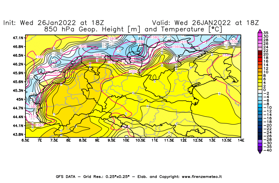 Mappa di analisi GFS - Geopotenziale [m] e Temperatura [°C] a 850 hPa in Nord-Italia
							del 26/01/2022 18 <!--googleoff: index-->UTC<!--googleon: index-->