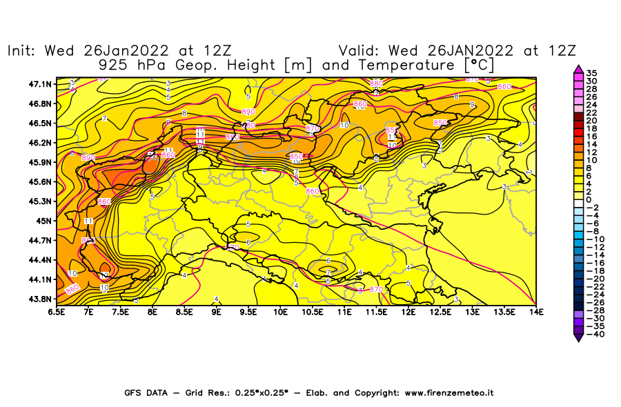 Mappa di analisi GFS - Geopotenziale [m] e Temperatura [°C] a 925 hPa in Nord-Italia
							del 26/01/2022 12 <!--googleoff: index-->UTC<!--googleon: index-->