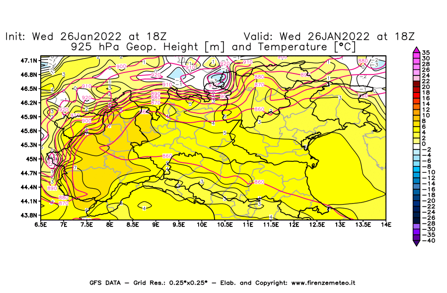 Mappa di analisi GFS - Geopotenziale [m] e Temperatura [°C] a 925 hPa in Nord-Italia
							del 26/01/2022 18 <!--googleoff: index-->UTC<!--googleon: index-->