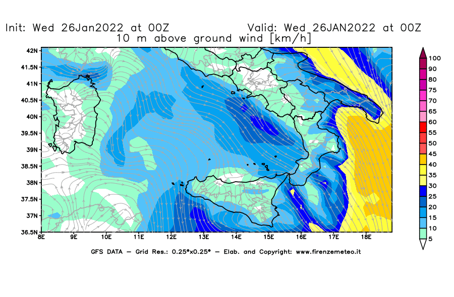 Mappa di analisi GFS - Velocità del vento a 10 metri dal suolo [km/h] in Sud-Italia
							del 26/01/2022 00 <!--googleoff: index-->UTC<!--googleon: index-->