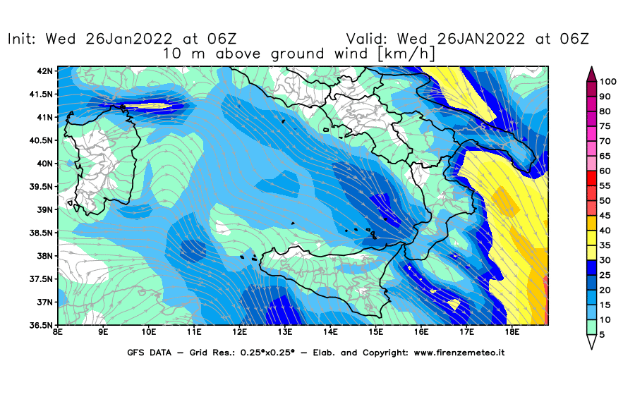 Mappa di analisi GFS - Velocità del vento a 10 metri dal suolo [km/h] in Sud-Italia
							del 26/01/2022 06 <!--googleoff: index-->UTC<!--googleon: index-->