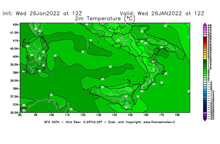 Mappa di analisi GFS - Temperatura a 2 metri dal suolo [°C] in Sud-Italia
							del 26/01/2022 12 <!--googleoff: index-->UTC<!--googleon: index-->