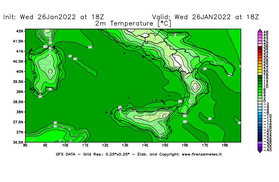 Mappa di analisi GFS - Temperatura a 2 metri dal suolo [°C] in Sud-Italia
							del 26/01/2022 18 <!--googleoff: index-->UTC<!--googleon: index-->