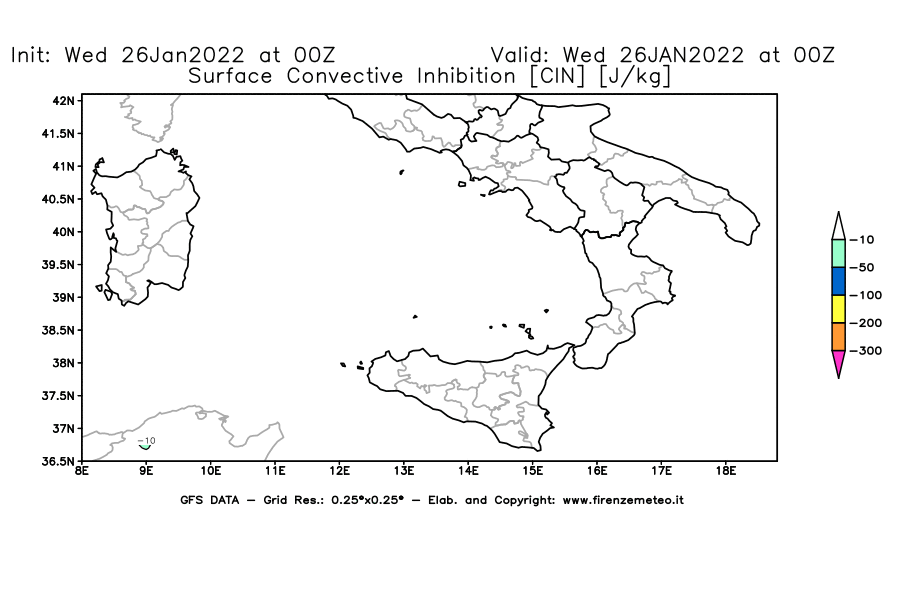 Mappa di analisi GFS - CIN [J/kg] in Sud-Italia
							del 26/01/2022 00 <!--googleoff: index-->UTC<!--googleon: index-->