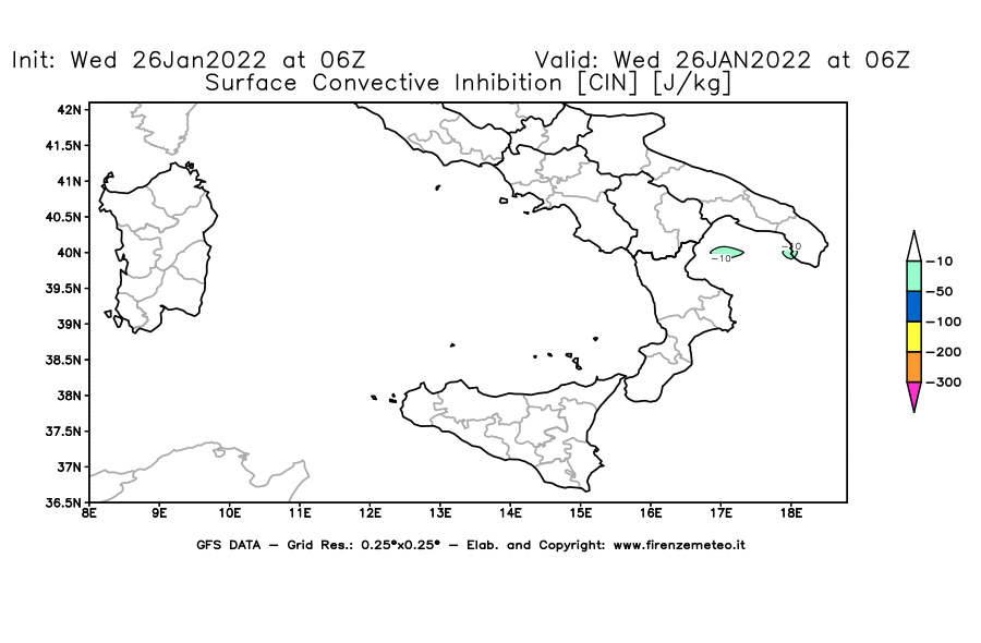 Mappa di analisi GFS - CIN [J/kg] in Sud-Italia
							del 26/01/2022 06 <!--googleoff: index-->UTC<!--googleon: index-->