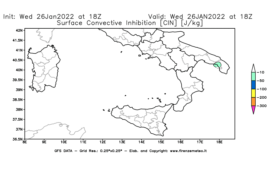 Mappa di analisi GFS - CIN [J/kg] in Sud-Italia
							del 26/01/2022 18 <!--googleoff: index-->UTC<!--googleon: index-->