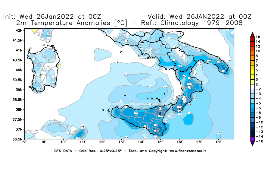 Mappa di analisi GFS - Anomalia Temperatura [°C] a 2 m in Sud-Italia
							del 26/01/2022 00 <!--googleoff: index-->UTC<!--googleon: index-->