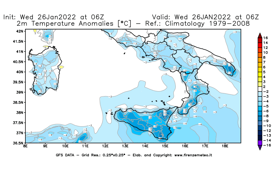 Mappa di analisi GFS - Anomalia Temperatura [°C] a 2 m in Sud-Italia
							del 26/01/2022 06 <!--googleoff: index-->UTC<!--googleon: index-->