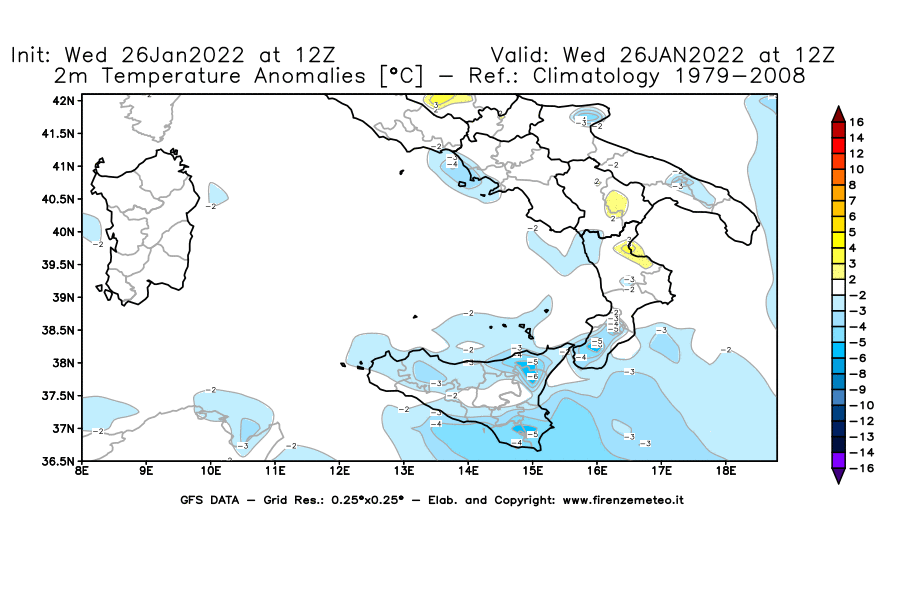Mappa di analisi GFS - Anomalia Temperatura [°C] a 2 m in Sud-Italia
							del 26/01/2022 12 <!--googleoff: index-->UTC<!--googleon: index-->