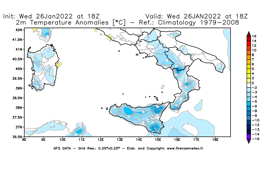 Mappa di analisi GFS - Anomalia Temperatura [°C] a 2 m in Sud-Italia
							del 26/01/2022 18 <!--googleoff: index-->UTC<!--googleon: index-->