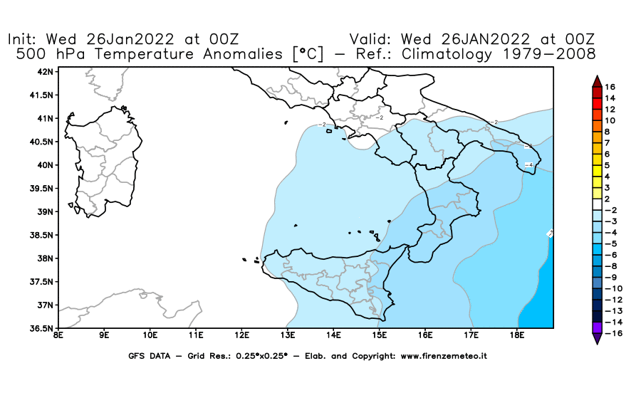 Mappa di analisi GFS - Anomalia Temperatura [°C] a 500 hPa in Sud-Italia
							del 26/01/2022 00 <!--googleoff: index-->UTC<!--googleon: index-->