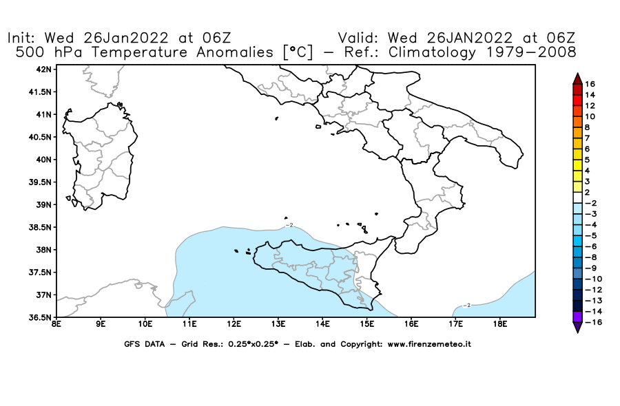 Mappa di analisi GFS - Anomalia Temperatura [°C] a 500 hPa in Sud-Italia
							del 26/01/2022 06 <!--googleoff: index-->UTC<!--googleon: index-->