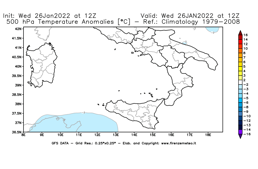 Mappa di analisi GFS - Anomalia Temperatura [°C] a 500 hPa in Sud-Italia
							del 26/01/2022 12 <!--googleoff: index-->UTC<!--googleon: index-->