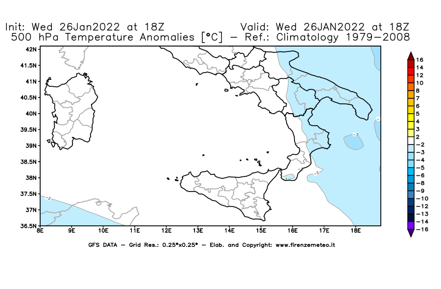 Mappa di analisi GFS - Anomalia Temperatura [°C] a 500 hPa in Sud-Italia
							del 26/01/2022 18 <!--googleoff: index-->UTC<!--googleon: index-->