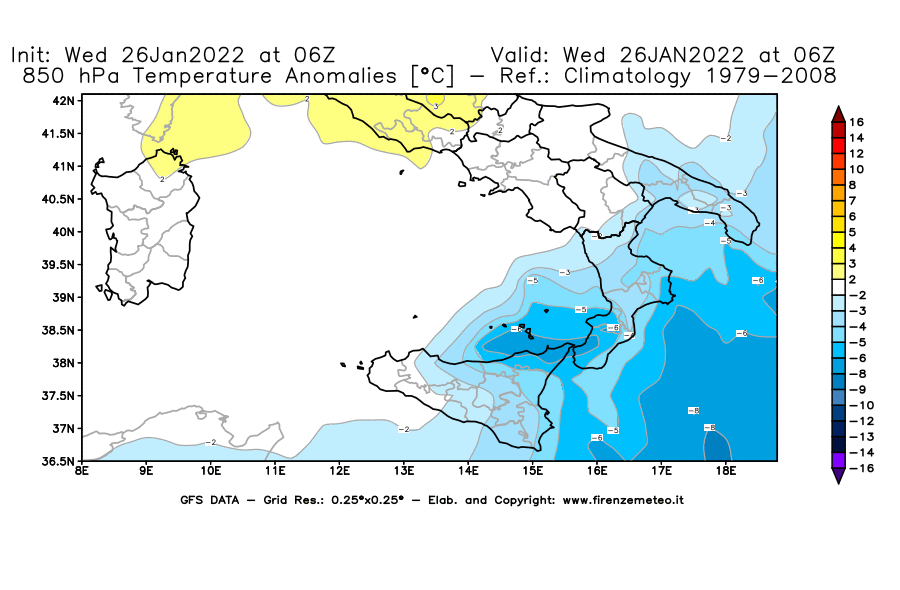 Mappa di analisi GFS - Anomalia Temperatura [°C] a 850 hPa in Sud-Italia
							del 26/01/2022 06 <!--googleoff: index-->UTC<!--googleon: index-->