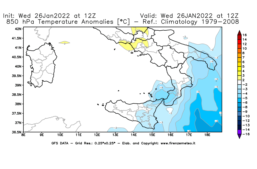 Mappa di analisi GFS - Anomalia Temperatura [°C] a 850 hPa in Sud-Italia
							del 26/01/2022 12 <!--googleoff: index-->UTC<!--googleon: index-->