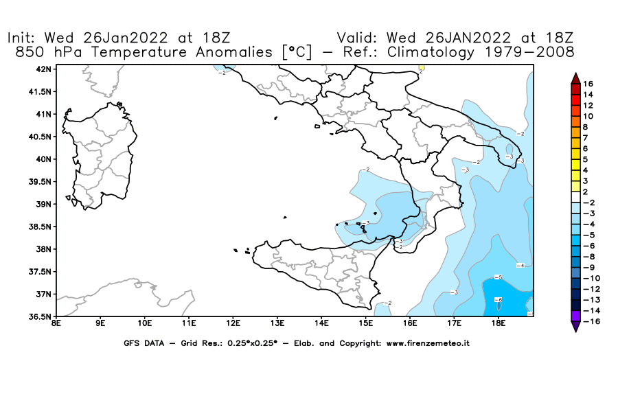 Mappa di analisi GFS - Anomalia Temperatura [°C] a 850 hPa in Sud-Italia
							del 26/01/2022 18 <!--googleoff: index-->UTC<!--googleon: index-->