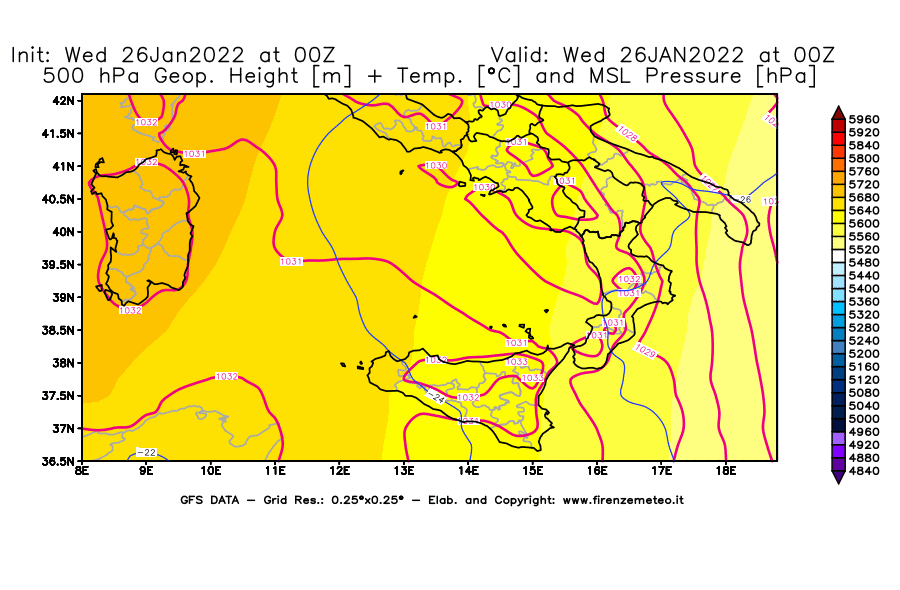 Mappa di analisi GFS - Geopotenziale [m] + Temp. [°C] a 500 hPa + Press. a livello del mare [hPa] in Sud-Italia
							del 26/01/2022 00 <!--googleoff: index-->UTC<!--googleon: index-->