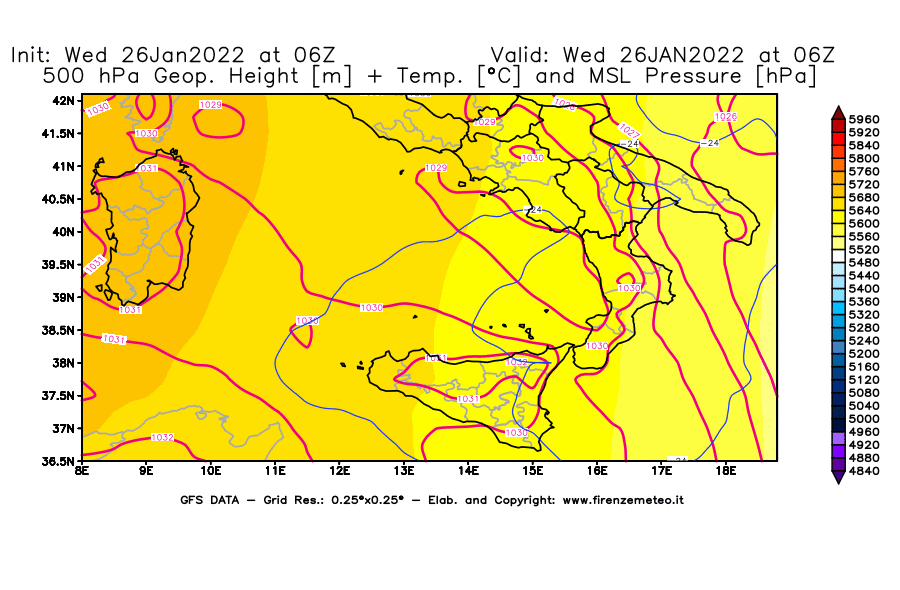 Mappa di analisi GFS - Geopotenziale [m] + Temp. [°C] a 500 hPa + Press. a livello del mare [hPa] in Sud-Italia
							del 26/01/2022 06 <!--googleoff: index-->UTC<!--googleon: index-->