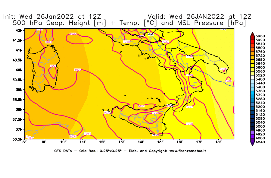 Mappa di analisi GFS - Geopotenziale [m] + Temp. [°C] a 500 hPa + Press. a livello del mare [hPa] in Sud-Italia
							del 26/01/2022 12 <!--googleoff: index-->UTC<!--googleon: index-->