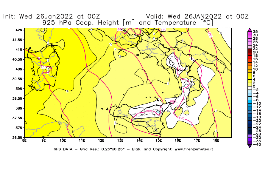 Mappa di analisi GFS - Geopotenziale [m] e Temperatura [°C] a 925 hPa in Sud-Italia
							del 26/01/2022 00 <!--googleoff: index-->UTC<!--googleon: index-->