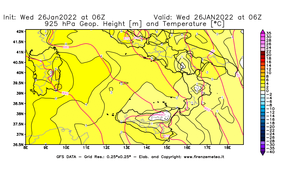 Mappa di analisi GFS - Geopotenziale [m] e Temperatura [°C] a 925 hPa in Sud-Italia
							del 26/01/2022 06 <!--googleoff: index-->UTC<!--googleon: index-->