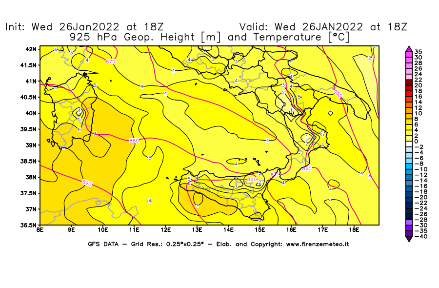 Mappa di analisi GFS - Geopotenziale [m] e Temperatura [°C] a 925 hPa in Sud-Italia
							del 26/01/2022 18 <!--googleoff: index-->UTC<!--googleon: index-->