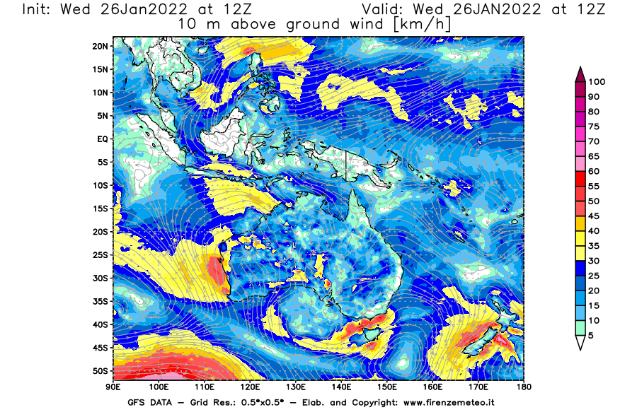 Mappa di analisi GFS - Velocità del vento a 10 metri dal suolo [km/h] in Oceania
							del 26/01/2022 12 <!--googleoff: index-->UTC<!--googleon: index-->