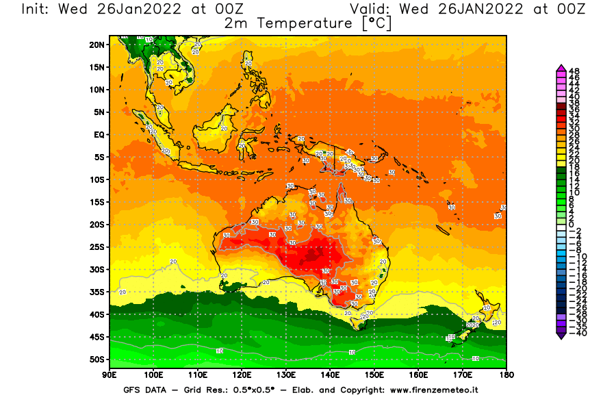Mappa di analisi GFS - Temperatura a 2 metri dal suolo [°C] in Oceania
							del 26/01/2022 00 <!--googleoff: index-->UTC<!--googleon: index-->
