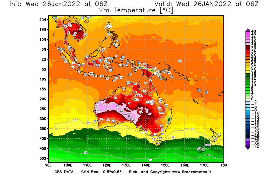 Mappa di analisi GFS - Temperatura a 2 metri dal suolo [°C] in Oceania
							del 26/01/2022 06 <!--googleoff: index-->UTC<!--googleon: index-->