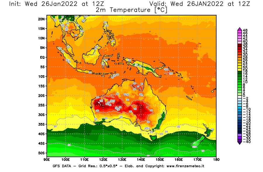 Mappa di analisi GFS - Temperatura a 2 metri dal suolo [°C] in Oceania
							del 26/01/2022 12 <!--googleoff: index-->UTC<!--googleon: index-->