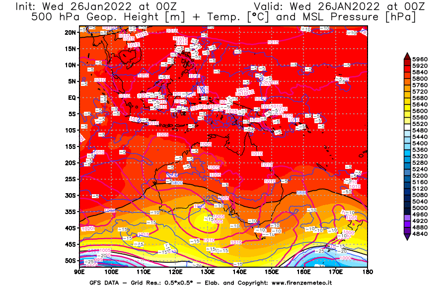 Mappa di analisi GFS - Geopotenziale [m] + Temp. [°C] a 500 hPa + Press. a livello del mare [hPa] in Oceania
							del 26/01/2022 00 <!--googleoff: index-->UTC<!--googleon: index-->