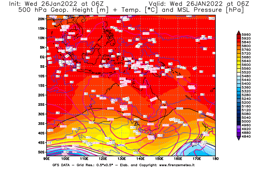 Mappa di analisi GFS - Geopotenziale [m] + Temp. [°C] a 500 hPa + Press. a livello del mare [hPa] in Oceania
							del 26/01/2022 06 <!--googleoff: index-->UTC<!--googleon: index-->