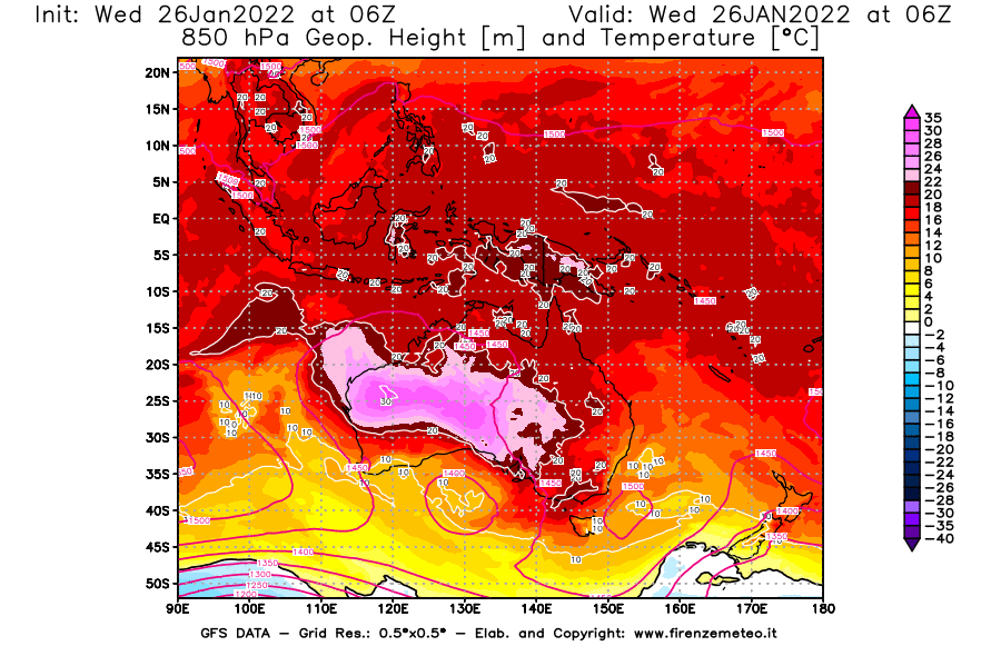 Mappa di analisi GFS - Geopotenziale [m] e Temperatura [°C] a 850 hPa in Oceania
							del 26/01/2022 06 <!--googleoff: index-->UTC<!--googleon: index-->