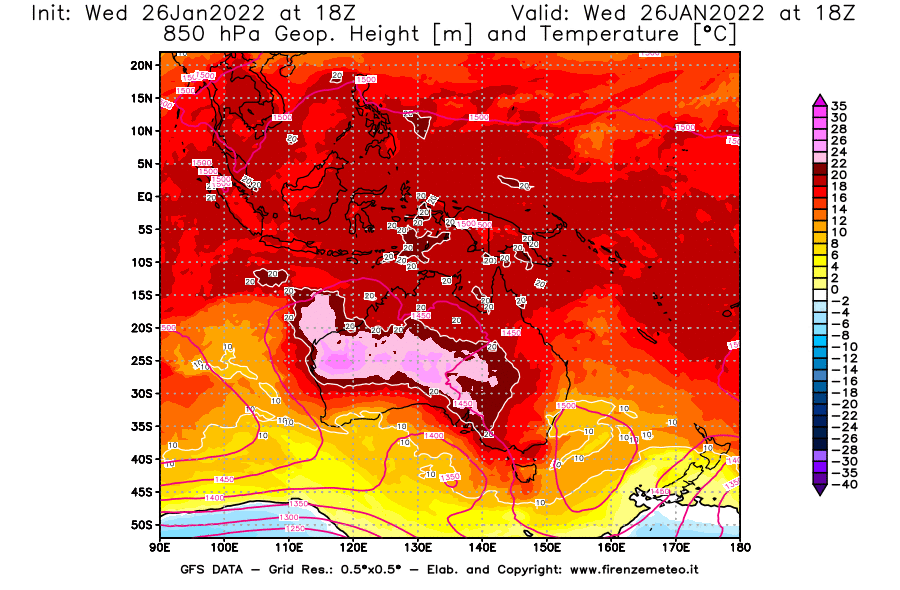 Mappa di analisi GFS - Geopotenziale [m] e Temperatura [°C] a 850 hPa in Oceania
							del 26/01/2022 18 <!--googleoff: index-->UTC<!--googleon: index-->