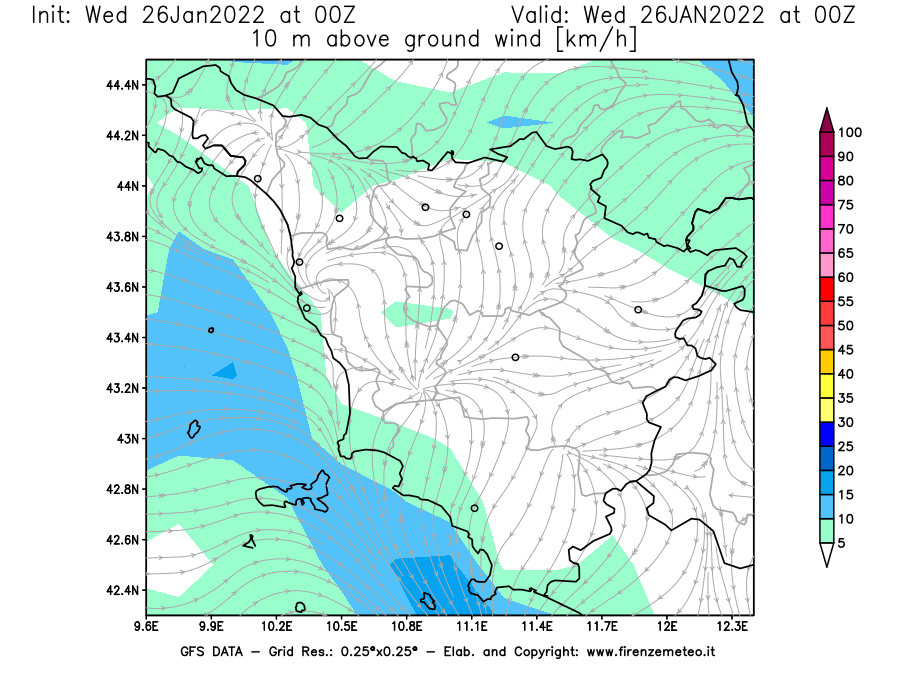 Mappa di analisi GFS - Velocità del vento a 10 metri dal suolo [km/h] in Toscana
							del 26/01/2022 00 <!--googleoff: index-->UTC<!--googleon: index-->