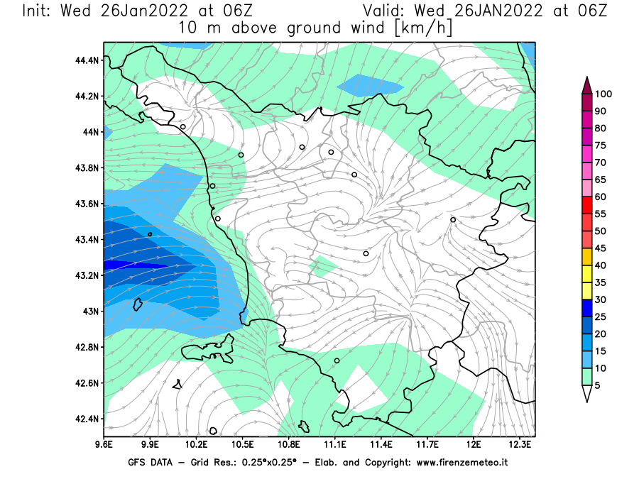 Mappa di analisi GFS - Velocità del vento a 10 metri dal suolo [km/h] in Toscana
							del 26/01/2022 06 <!--googleoff: index-->UTC<!--googleon: index-->