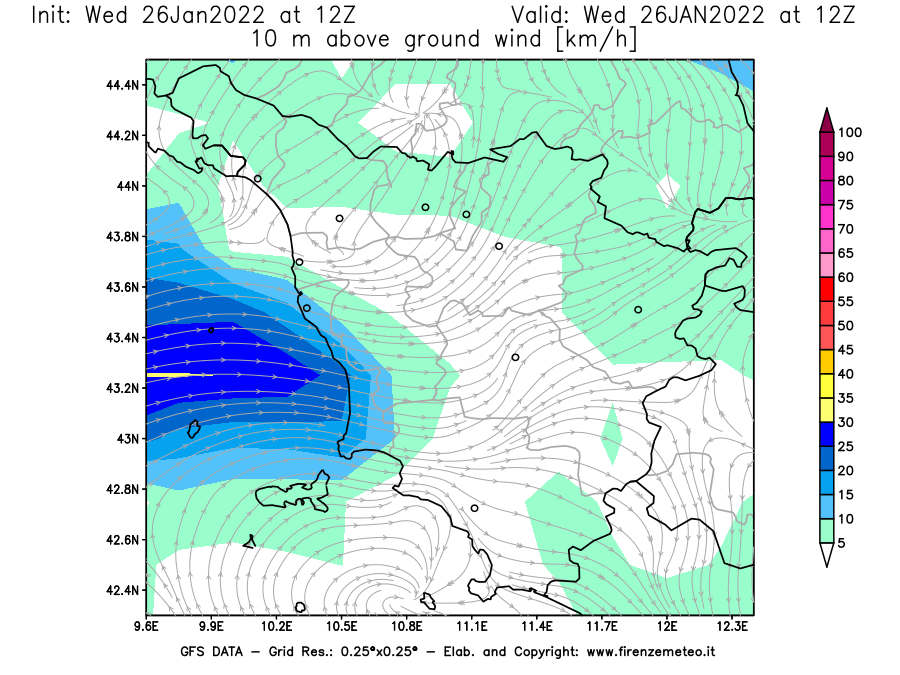 Mappa di analisi GFS - Velocità del vento a 10 metri dal suolo [km/h] in Toscana
							del 26/01/2022 12 <!--googleoff: index-->UTC<!--googleon: index-->