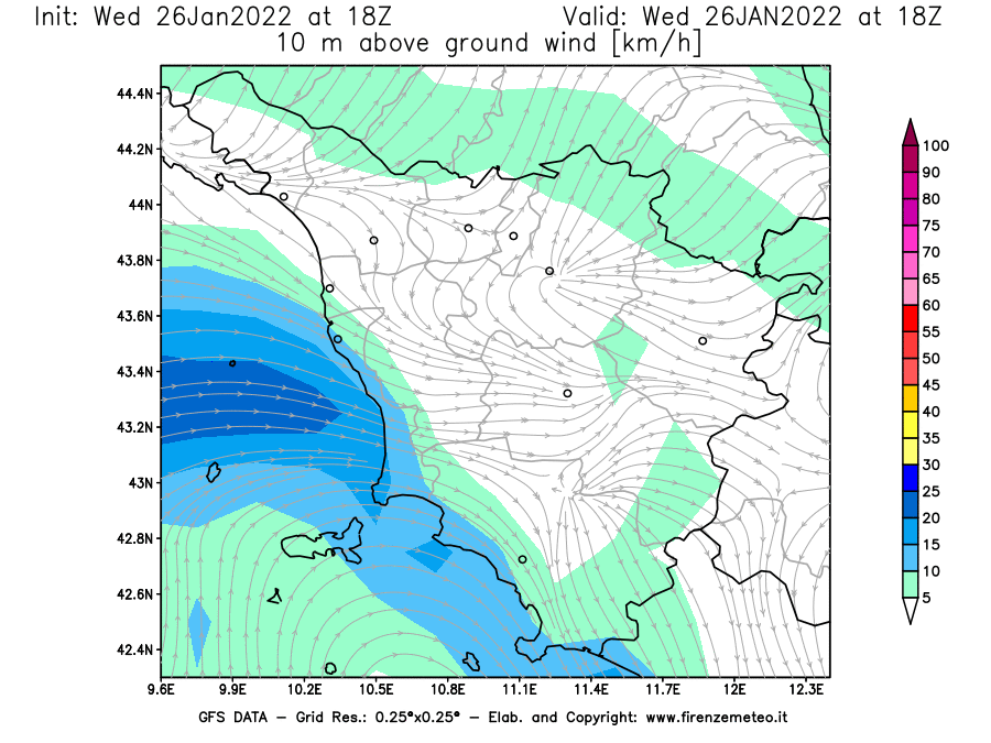 Mappa di analisi GFS - Velocità del vento a 10 metri dal suolo [km/h] in Toscana
							del 26/01/2022 18 <!--googleoff: index-->UTC<!--googleon: index-->